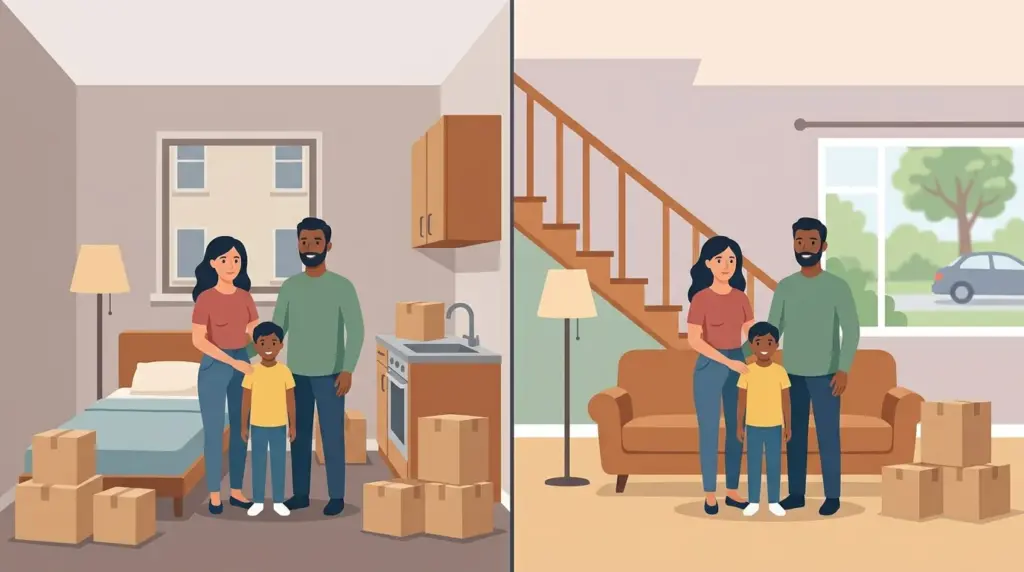 One family and their identical belongings in a cramped city flat and in a roomy house with a garden