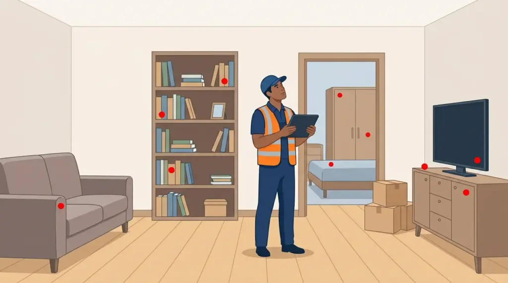 A surveyor counting a household room by room, each item marked with a dot as it is added to the inventory