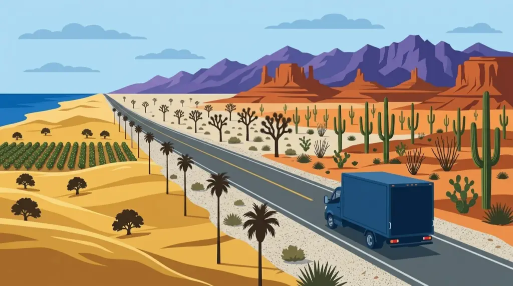 Illustration of the California to Arizona haul, coastal hills giving way across the Mojave to Sonoran saguaro desert