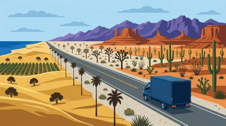 Illustration of the California to Arizona haul, coastal hills giving way across the Mojave to Sonoran saguaro desert