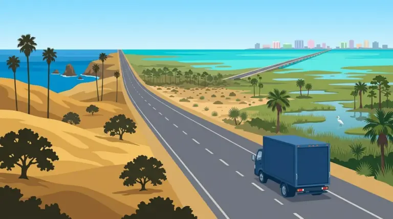 Illustration of the California to Florida haul, Pacific coast hills giving way to subtropical wetland and a coastal causeway