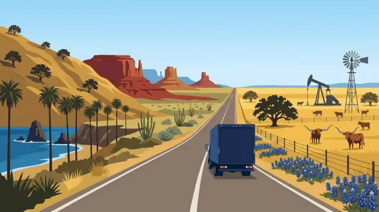 Illustration of the California to Texas haul, Pacific coast hills giving way through red rock desert to Texas ranch country
