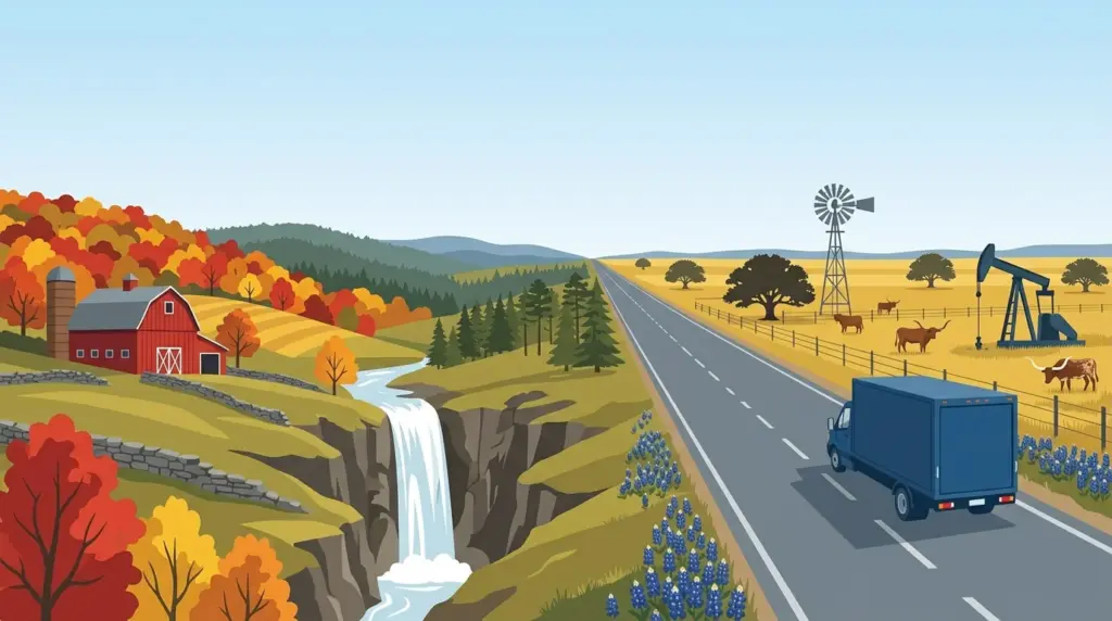 Illustration of the New York to Texas haul, autumn hardwood country giving way to Texas ranch land