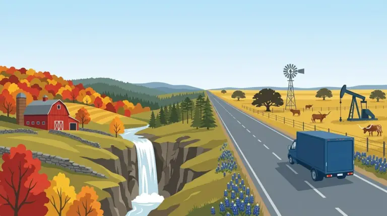 Illustration of the New York to Texas haul, autumn hardwood country giving way to Texas ranch land