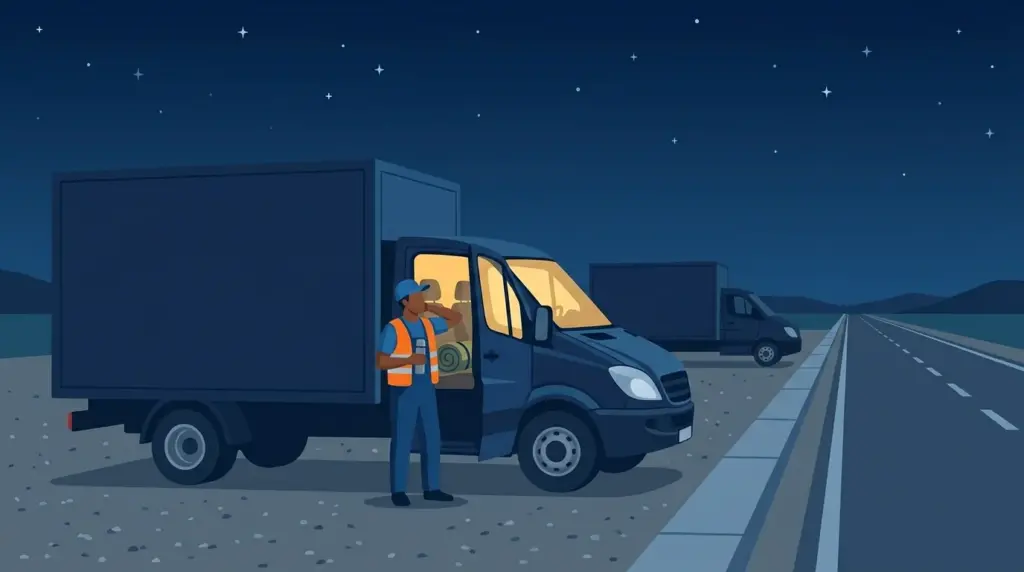 A moving truck parked overnight at a quiet roadside stop under a starry sky, the driver stretching beside the lit cab