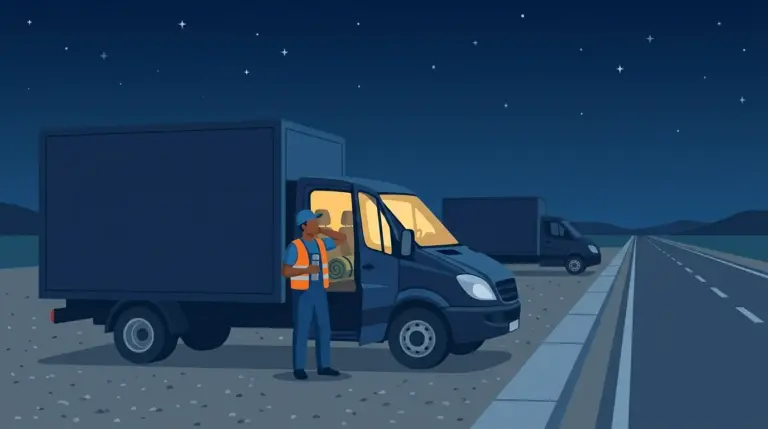 A moving truck parked overnight at a quiet roadside stop under a starry sky, the driver stretching beside the lit cab