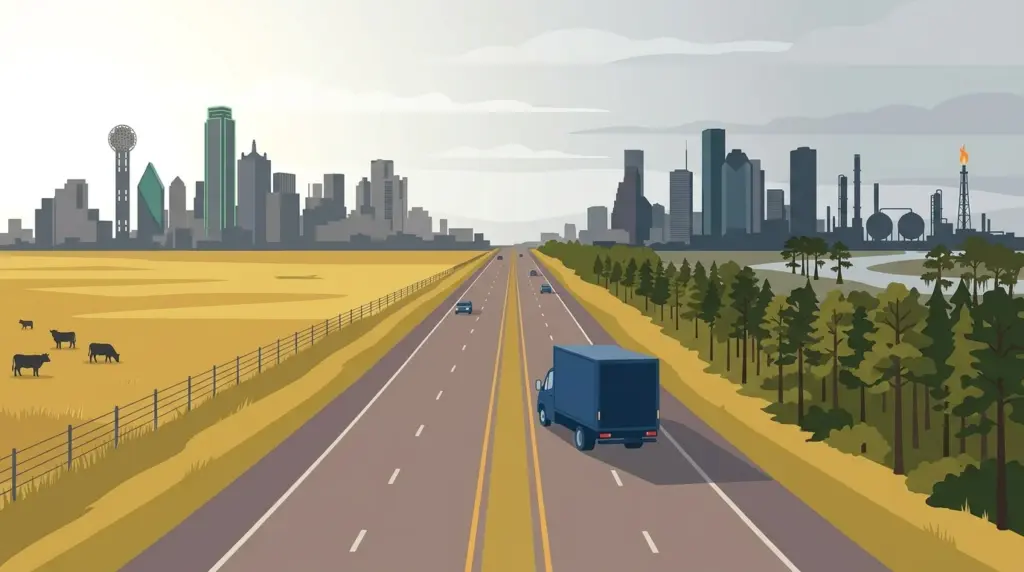 Illustration of the Dallas–Houston moving corridor, the Dallas skyline on one horizon and Houston with its refineries on the other