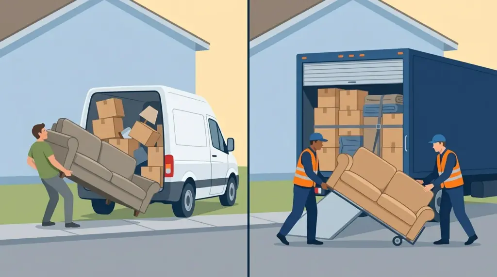 One person struggling a sofa into a hired van beside a professional crew doing the same job on a dolly and ramp