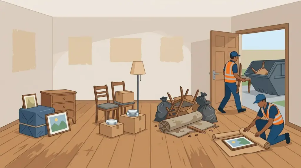 A room being emptied into three separate groups to keep, donate and dispose, with a skip outside the door