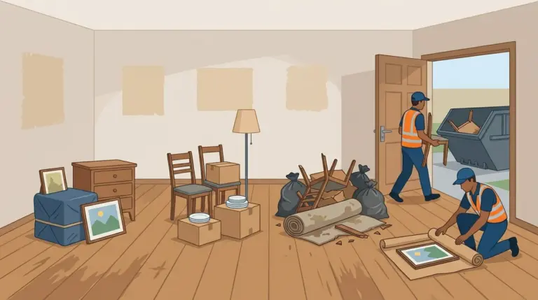 A room being emptied into three separate groups to keep, donate and dispose, with a skip outside the door