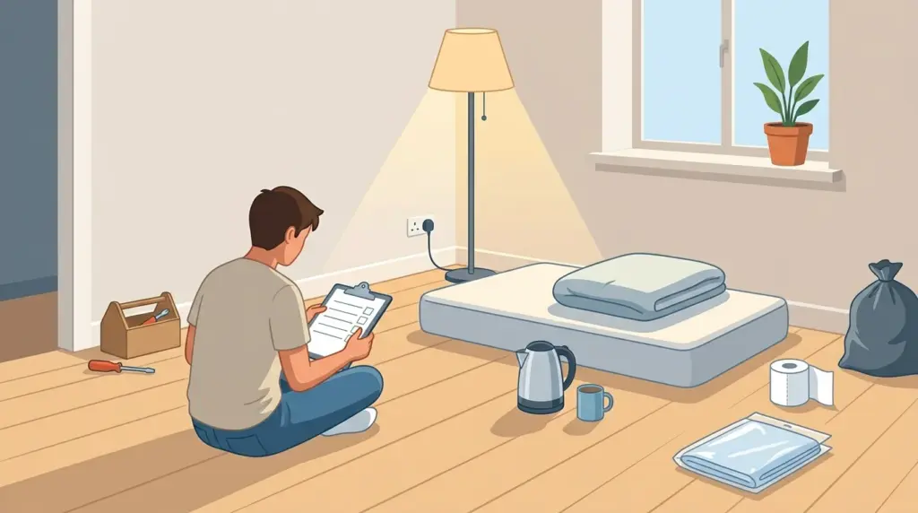 A nearly empty first flat with only the essentials — a mattress, a kettle, a lamp, a toolbox — and a checklist being worked through