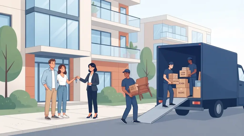 Illustration of a first-time renter completing an apartment application, lease and move-in inspection