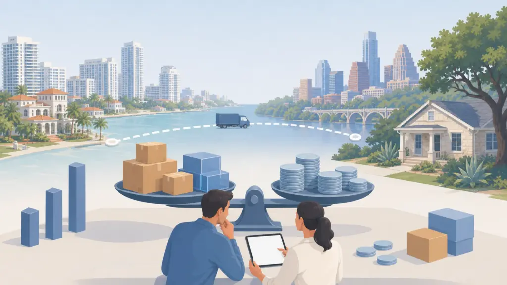 Illustration of a Miami to Austin move, showing distance, costs and planning
