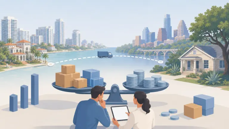 Illustration of a Miami to Austin move, showing distance, costs and planning