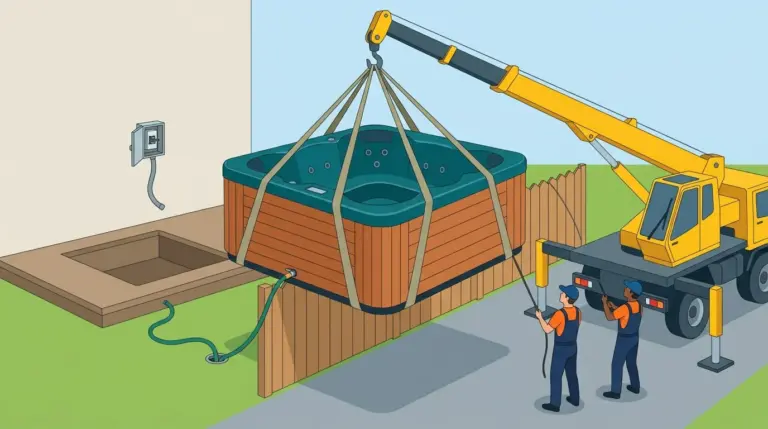 A hot tub lifted in slings by a truck-mounted crane over a garden fence, movers steadying it with tag lines, electrics disconnected and the tub drained