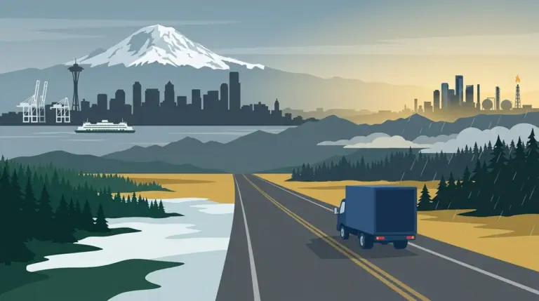 Illustration of the Houston to Seattle haul, Gulf coast plain giving way to Cascade forest and Puget Sound