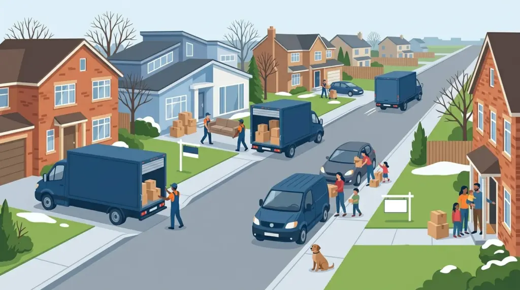 A suburban street with five separate households moving on the same day, each at a different stage
