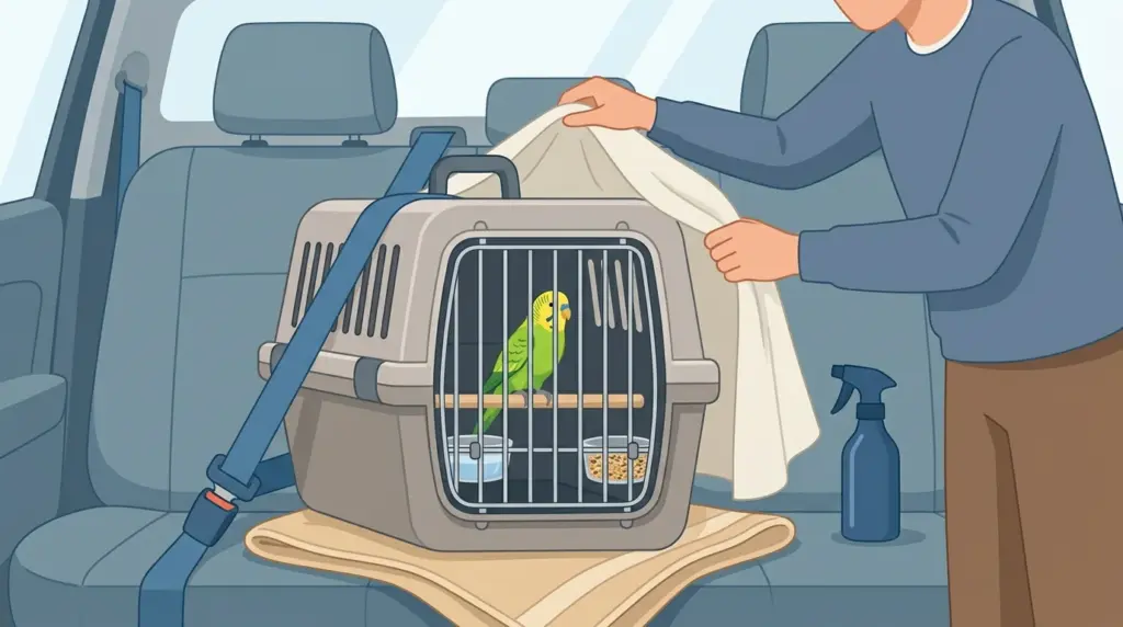A parrot in a travel carrier on a low perch, its cover being draped over the back while the front stays open, belted into the car