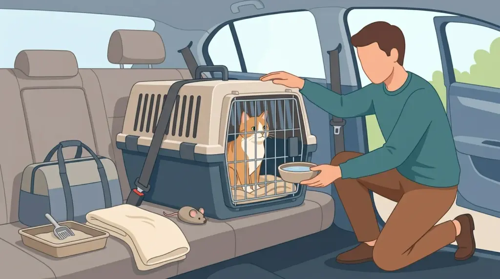 A cat in a hard carrier belted into a car's back seat, its owner offering water, with travel supplies packed alongside