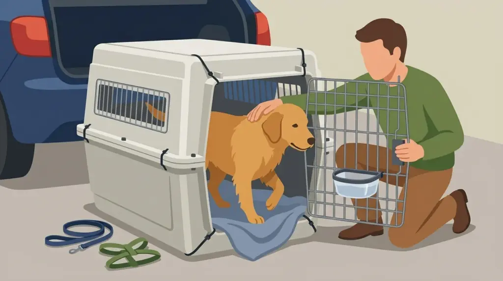 A dog stepping into an airline-style travel crate with a spill-proof bowl clipped to the door and the corners secured with cable ties