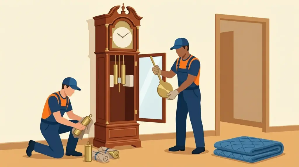 The pendulum and weights being removed and wrapped before a long-case clock is moved, with foam padding the chime rods
