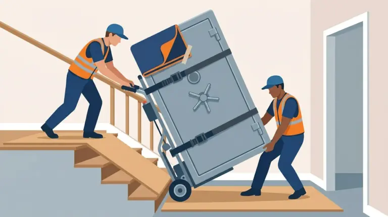 Movers walking a heavy steel gun safe down stairs on a powered stair-climbing dolly, with plywood laid over the treads to spread the load