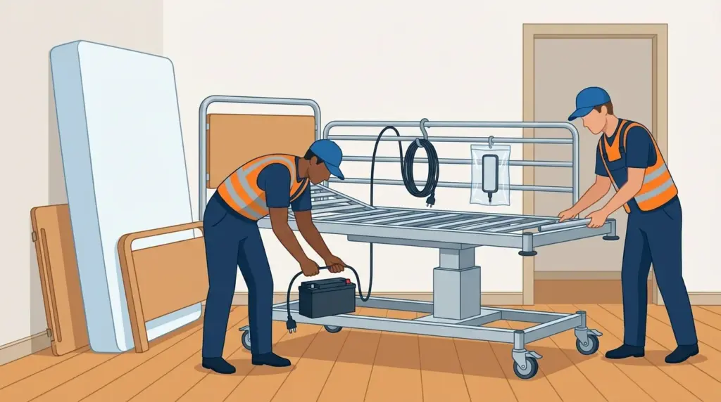 An electric hospital bed part-dismantled with the mattress and boards off and the battery pack being disconnected before transport