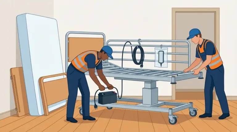 An electric hospital bed part-dismantled with the mattress and boards off and the battery pack being disconnected before transport