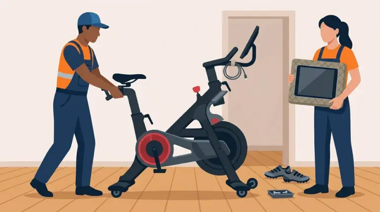 An exercise bike tilted onto its front transport wheels with the seat and handlebars lowered, its screen removed and carried wrapped