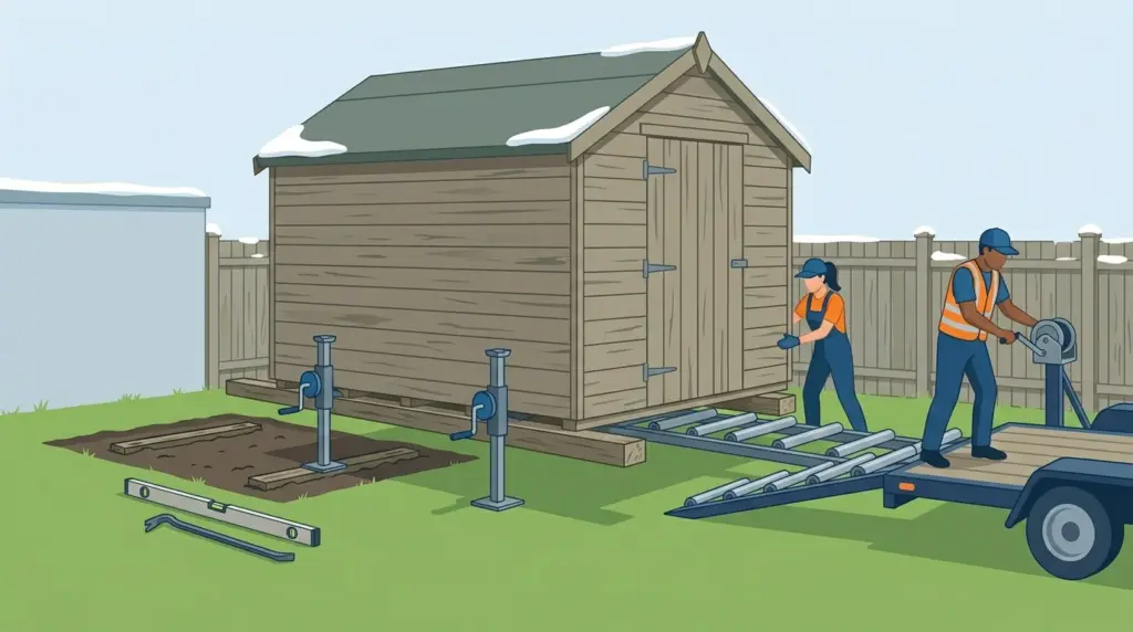 A timber shed jacked up on beams and winched over rollers onto a flatbed trailer, the bare patch where it stood behind