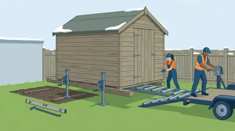 A timber shed jacked up on beams and winched over rollers onto a flatbed trailer, the bare patch where it stood behind