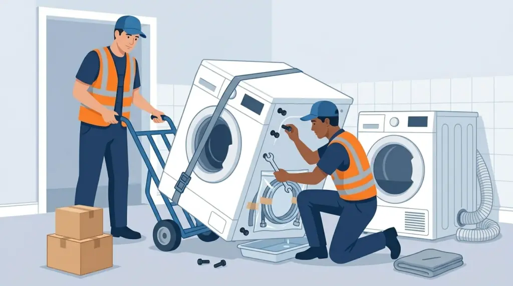 A washing machine on an appliance dolly with transit bolts being fitted, hoses drained and bagged, and the dryer's vent detached