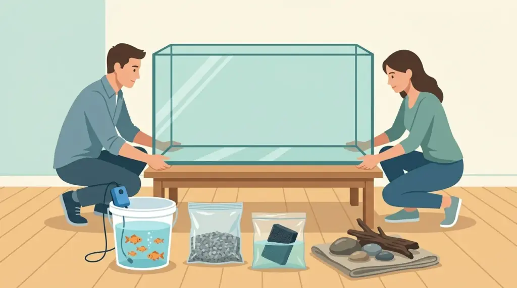 An emptied glass tank lifted from underneath, with fish in an aerated bucket and the filter media kept wet in tank water