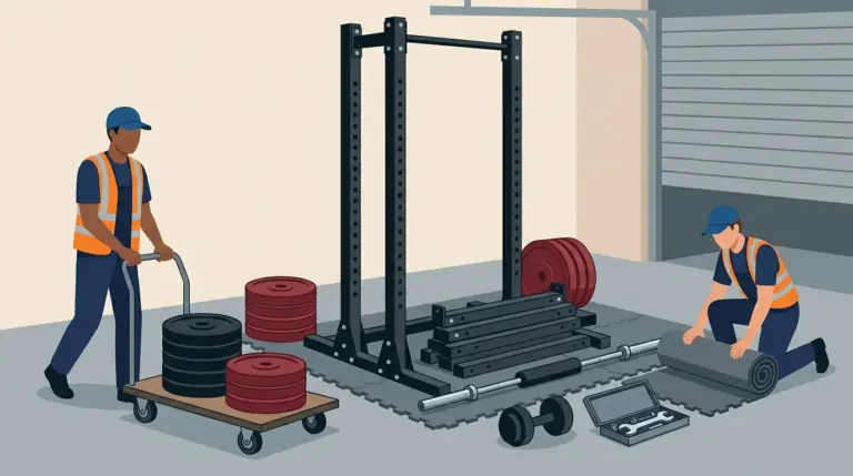 A power rack part-dismantled, weight plates kept low on a flat dolly, and rubber gym flooring being rolled up