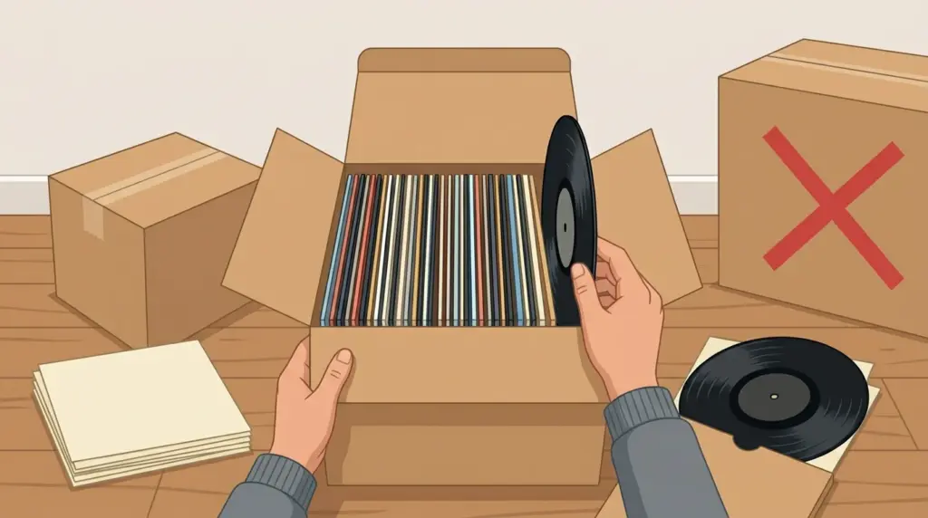 Records packed standing on their edges in a small sturdy box rather than stacked flat, with plain inner sleeves alongside