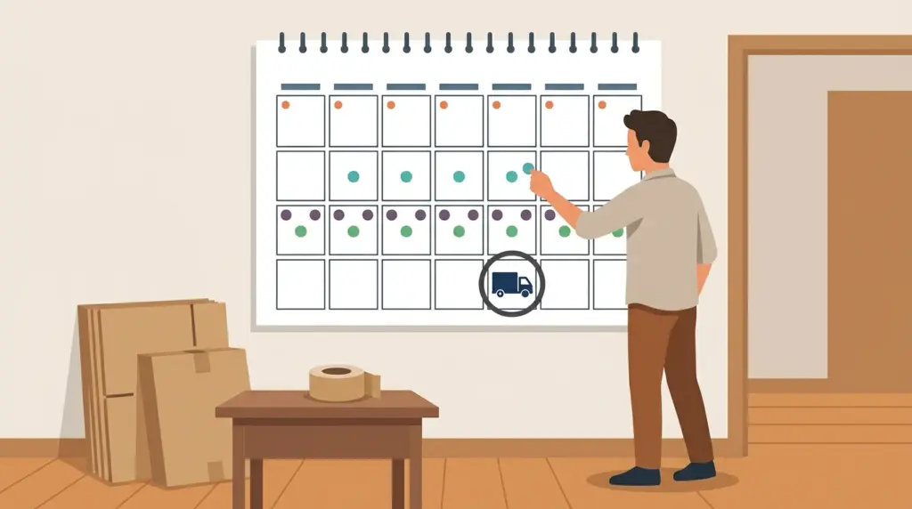 A month calendar colour-dotted week by week, with the truck falling on a single ringed day at the end