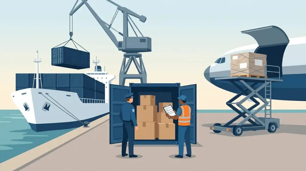 A container being craned onto a ship, a customs inspection at an opened container, and an air-freight pallet loading into a cargo aircraft