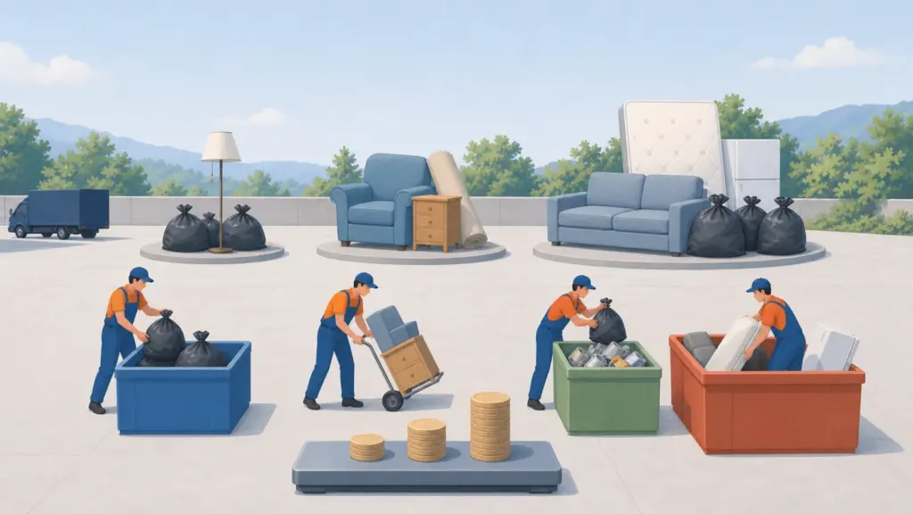 Illustration of junk removal, showing load sizes, fees and disposal choices