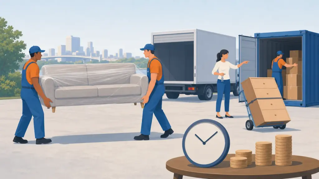 Illustration of labor-only movers loading a customer-supplied truck, showing hourly services