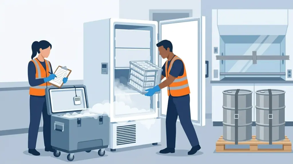 Frozen sample racks transferred from an ultra-cold freezer into an insulated transport cooler, logged on a chain-of-custody sheet