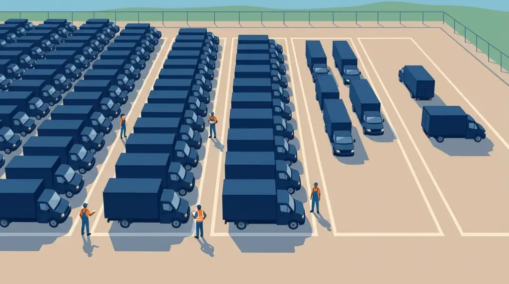 Five depot bays holding wildly different numbers of trucks, from rows beyond counting to a bay with two