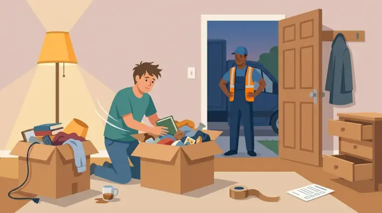 A rushed unsorted pack at dusk with the van already outside and the crew waiting in the doorway
