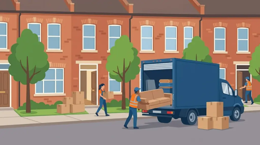A local move between two houses a few doors apart on one terrace, the van parked between the two open doorways