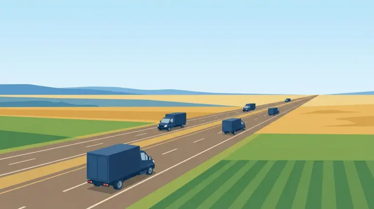A long interstate carrying five moving trucks at widely different distances across changing country