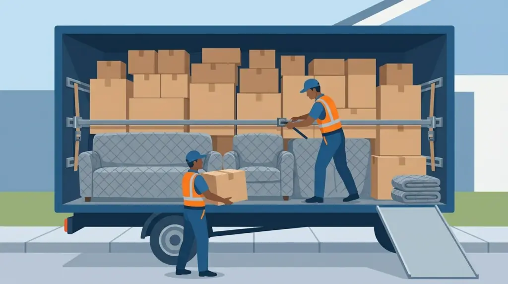 A truck's cargo hold packed floor to ceiling in a tight professional wall, with a load bar braced across to lock the tier in place