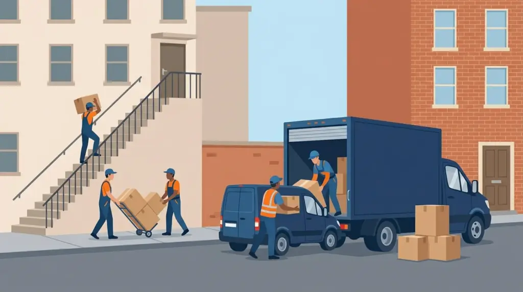 Awkward access in one scene: a large truck stopped short, a shuttle van transfer, a long carry and a stair climb