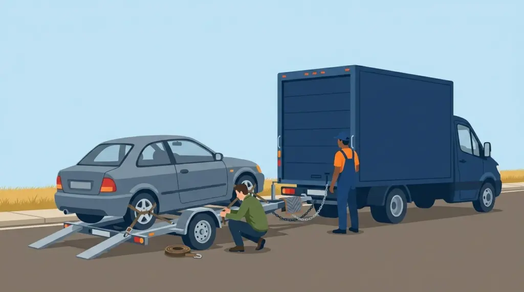 A rental truck with a car tow dolly hitched behind it, the car strapped down and the safety chains crossed