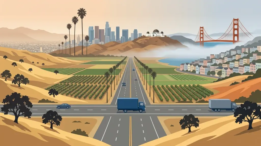 Illustration of the Los Angeles–San Francisco moving corridor through the California valley, both cities on the horizon