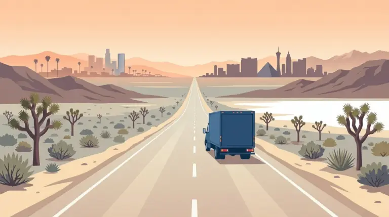 Illustration of the Los Angeles to Las Vegas haul across the Mojave desert past Joshua trees and a dry lake bed