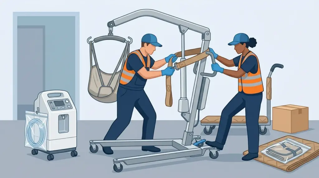 A patient lift hoist being strapped for transport with its boom folded and castors locked, an oxygen concentrator trolleyed beside it